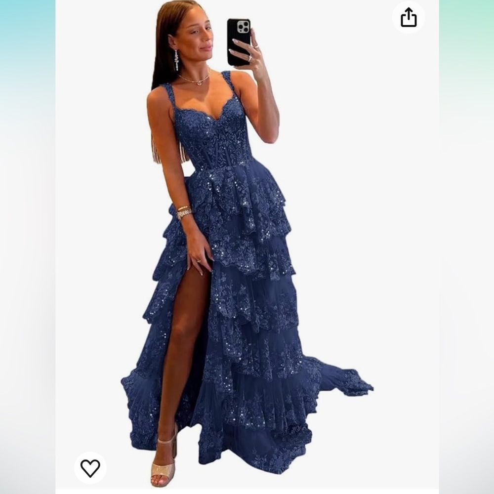 vintys Glitter Tiered Tulle Lace Prom Dress Spaghetti StrapsNavy Blue Size 2